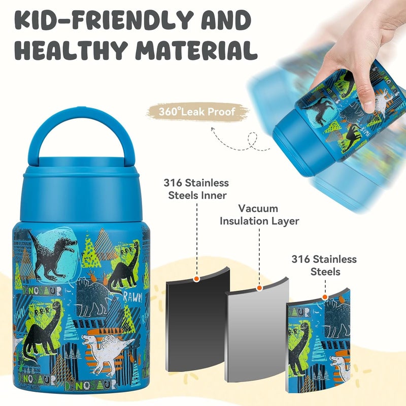 Aimsnk 17oz Soup Thermo for Hot Food Kids Insulated Food Jar,Thermo Hot Food Lunch Container, Width Mouth Stainless Steel Lunch Box for Kids with Handle Folding Spoon(Blue - Dinosaur) - Image 5